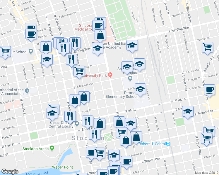 map of restaurants, bars, coffee shops, grocery stores, and more near 445 East Acacia Street in Stockton
