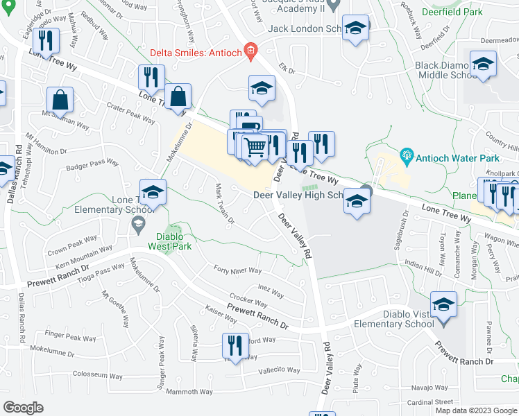 map of restaurants, bars, coffee shops, grocery stores, and more near 2440 Johns Way in Antioch