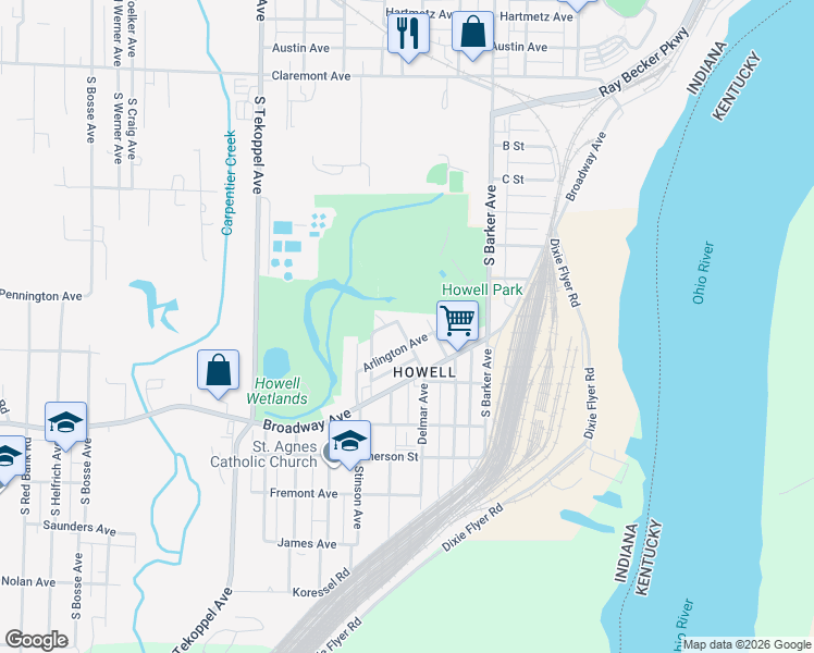 map of restaurants, bars, coffee shops, grocery stores, and more near 1206 Delmar Avenue in Evansville