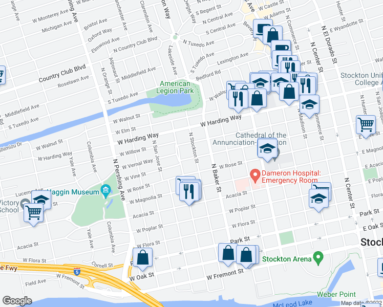 map of restaurants, bars, coffee shops, grocery stores, and more near 1309 North Stockton Street in Stockton