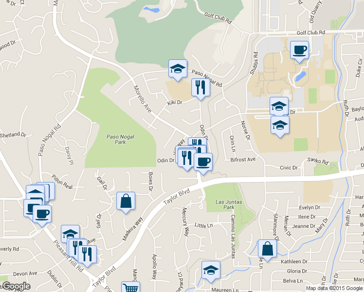 map of restaurants, bars, coffee shops, grocery stores, and more near 561 Vili Way in Pleasant Hill