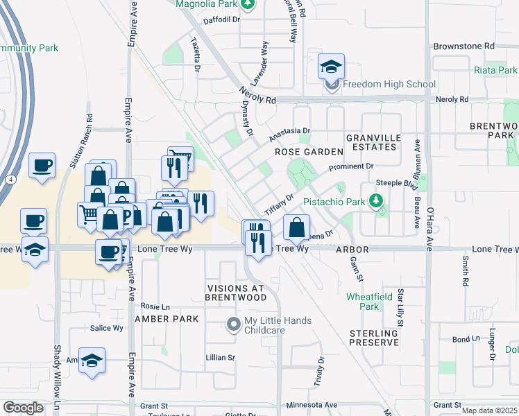 map of restaurants, bars, coffee shops, grocery stores, and more near 1375 Tiffany Drive in Brentwood