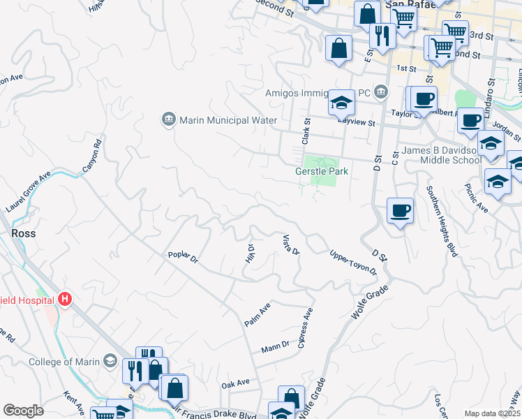 map of restaurants, bars, coffee shops, grocery stores, and more near 301 Makin Grade in Kentfield