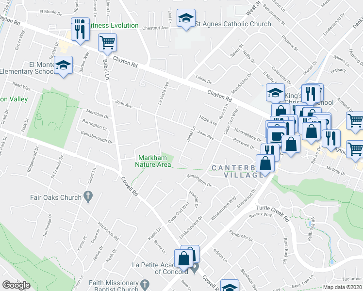 map of restaurants, bars, coffee shops, grocery stores, and more near 1377 Janet Lane in Concord
