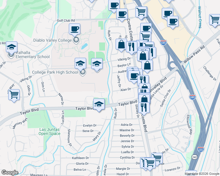 map of restaurants, bars, coffee shops, grocery stores, and more near 90 Alan Drive in Pleasant Hill