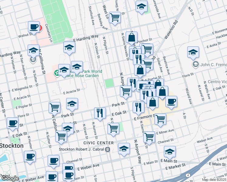 map of restaurants, bars, coffee shops, grocery stores, and more near 825 North Pilgrim Street in Stockton