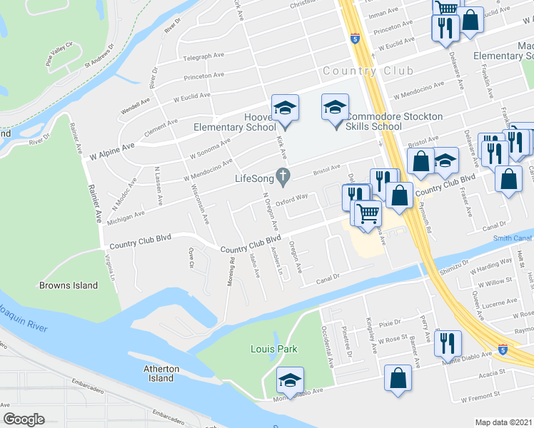 map of restaurants, bars, coffee shops, grocery stores, and more near 2511 North Oregon Avenue in Stockton