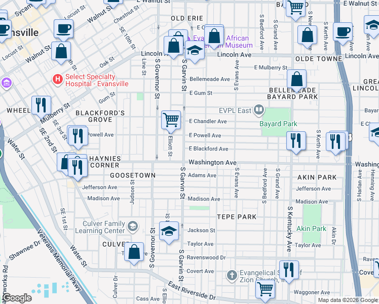 map of restaurants, bars, coffee shops, grocery stores, and more near 607 East Blackford Avenue in Evansville