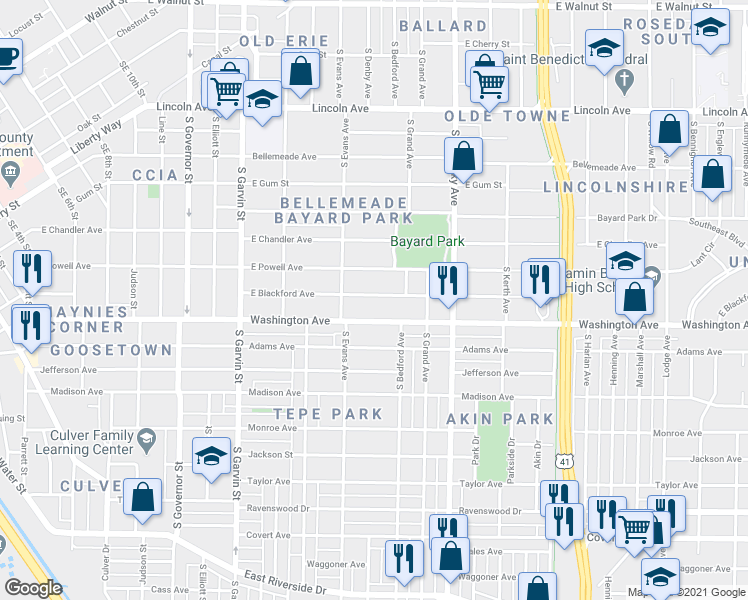 map of restaurants, bars, coffee shops, grocery stores, and more near 825 East Blackford Avenue in Evansville
