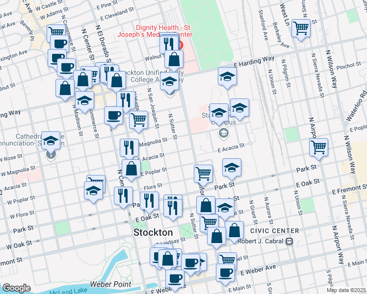 map of restaurants, bars, coffee shops, grocery stores, and more near 1018 North Sutter Street in Stockton