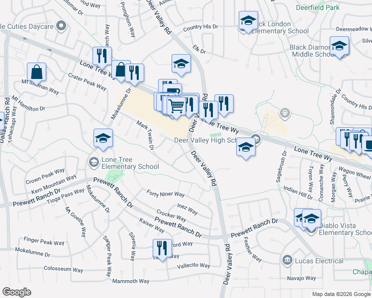 map of restaurants, bars, coffee shops, grocery stores, and more near 2440 Johns Way in Antioch