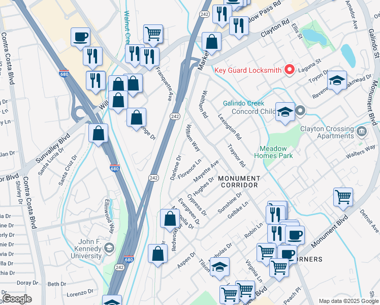 map of restaurants, bars, coffee shops, grocery stores, and more near 1507 William Way in Concord