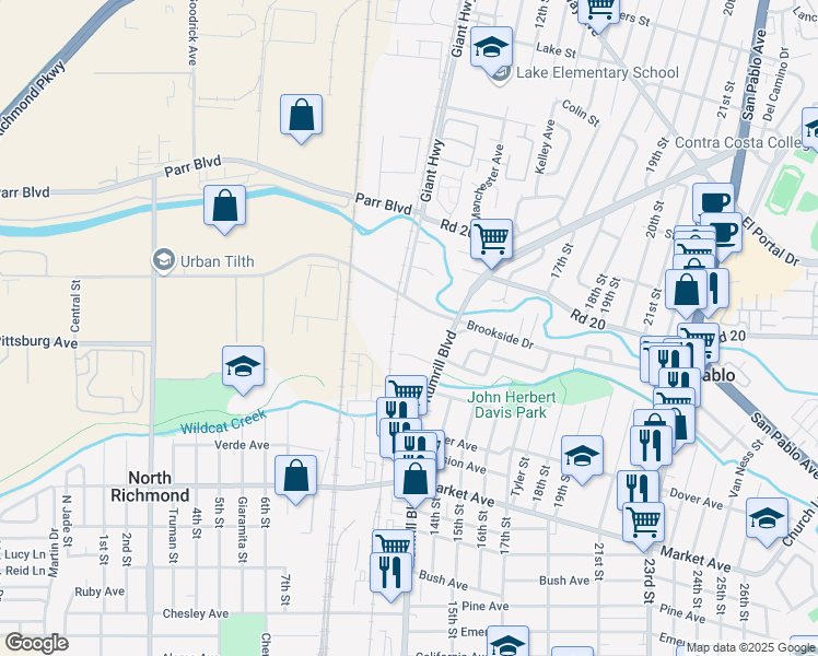 map of restaurants, bars, coffee shops, grocery stores, and more near 1150 Brookside Drive in San Pablo