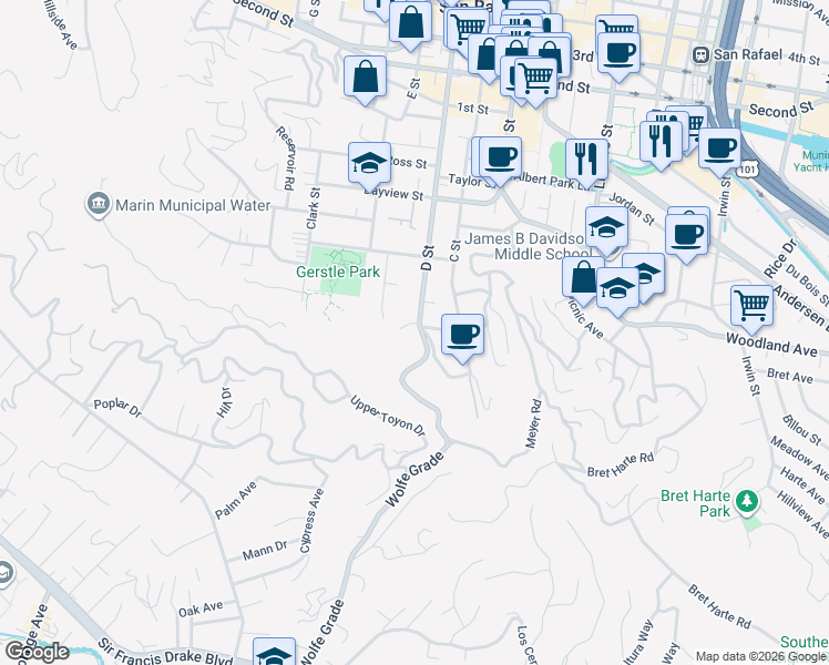 map of restaurants, bars, coffee shops, grocery stores, and more near 177 D Street in San Rafael