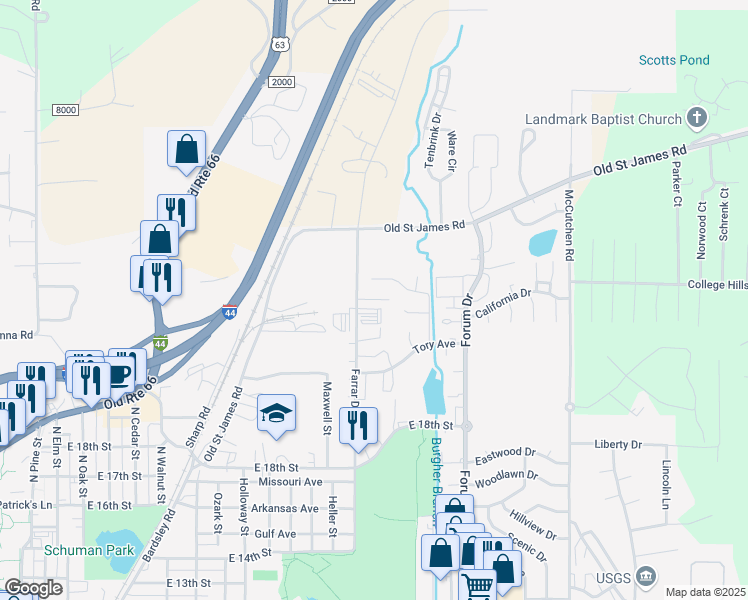 map of restaurants, bars, coffee shops, grocery stores, and more near 2002 Madison Place in Rolla