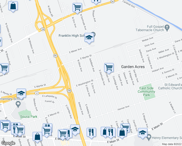 map of restaurants, bars, coffee shops, grocery stores, and more near 30 South Oro Avenue in Stockton