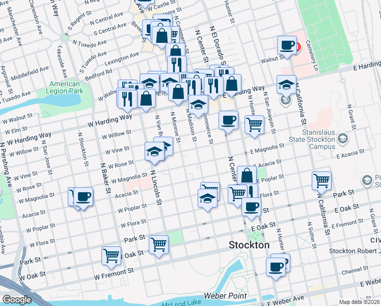 map of restaurants, bars, coffee shops, grocery stores, and more near 220 West Rose Street in Stockton