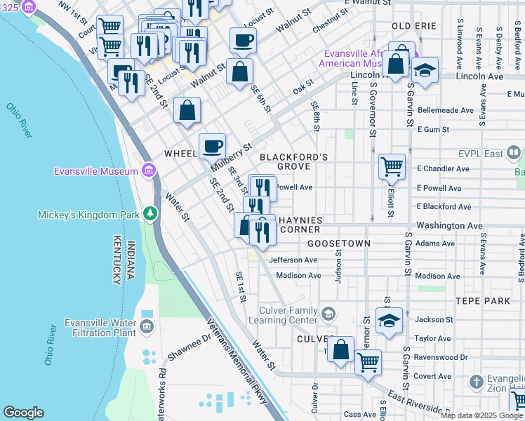 map of restaurants, bars, coffee shops, grocery stores, and more near 950 Parrett Street in Evansville