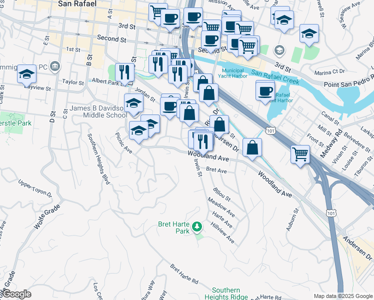 map of restaurants, bars, coffee shops, grocery stores, and more near 401 Irwin Street in San Rafael
