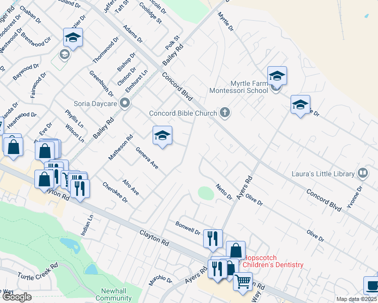 map of restaurants, bars, coffee shops, grocery stores, and more near 1680 Claycord Avenue in Concord