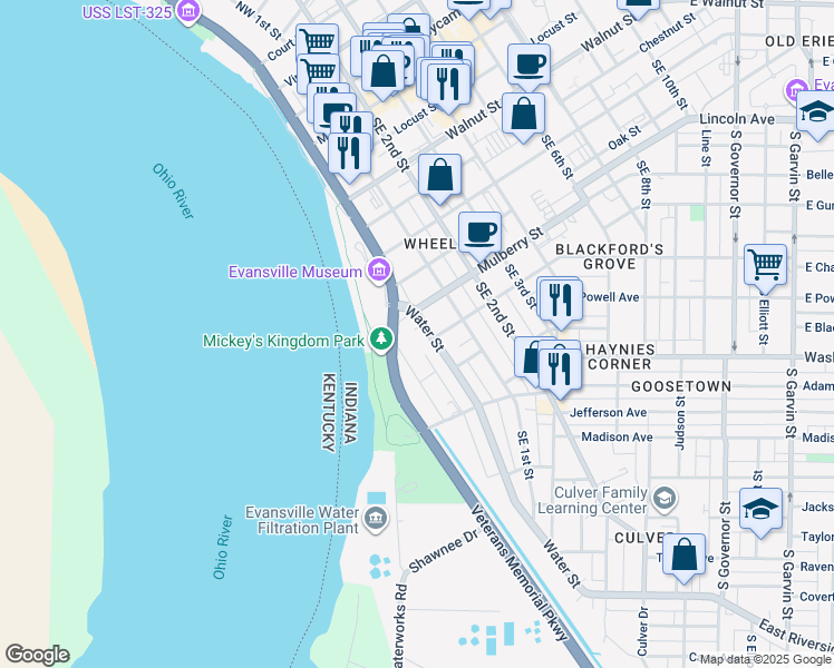 map of restaurants, bars, coffee shops, grocery stores, and more near 615 Southeast Riverside Drive in Evansville