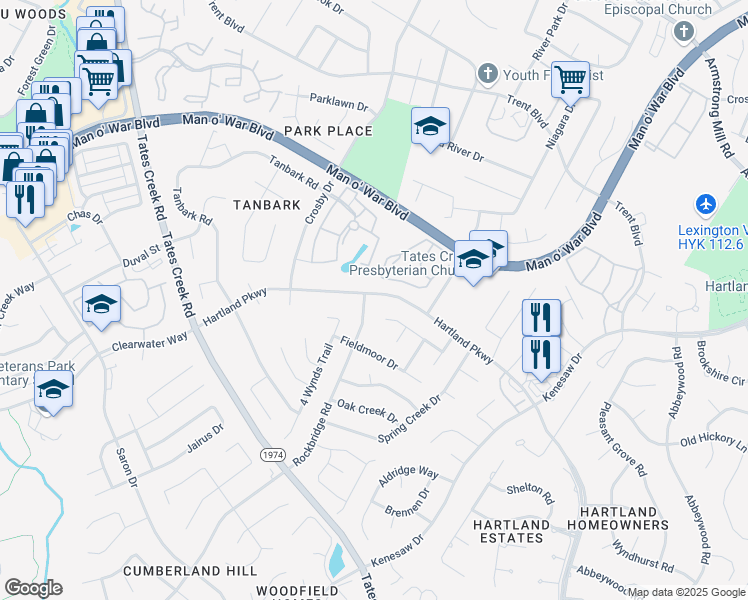 map of restaurants, bars, coffee shops, grocery stores, and more near 4589 Hartland Parkway in Lexington