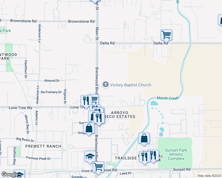 map of restaurants, bars, coffee shops, grocery stores, and more near 161 Sims Road in Brentwood