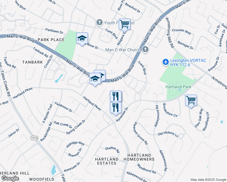 map of restaurants, bars, coffee shops, grocery stores, and more near 1368 Hartland Woods Way in Lexington