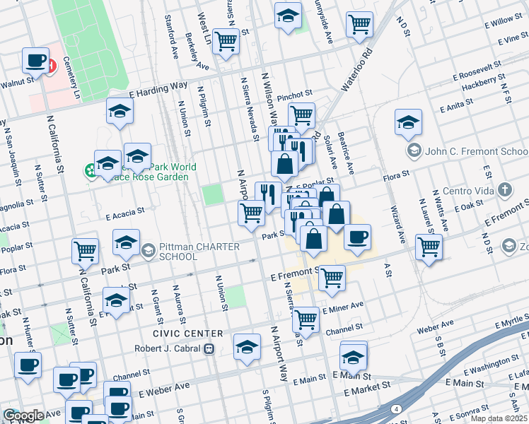 map of restaurants, bars, coffee shops, grocery stores, and more near 1335 East Flora Street in Stockton