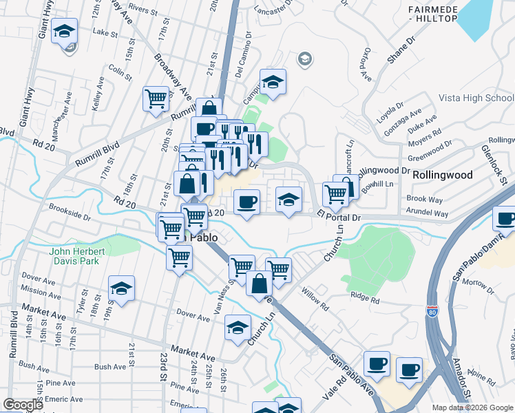 map of restaurants, bars, coffee shops, grocery stores, and more near 122 Carmel Street in San Pablo