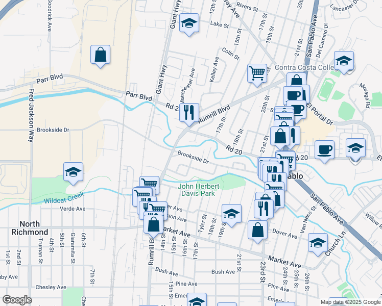 map of restaurants, bars, coffee shops, grocery stores, and more near 1439 Brookside Drive in San Pablo