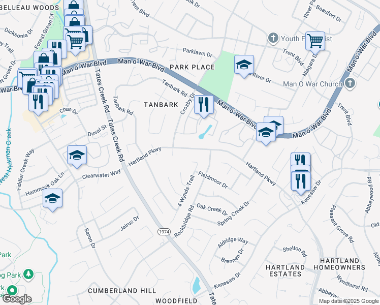 map of restaurants, bars, coffee shops, grocery stores, and more near 4493 Hartland Pkwy in Lexington