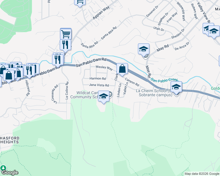 map of restaurants, bars, coffee shops, grocery stores, and more near 4450 Jana Vista Road in El Sobrante