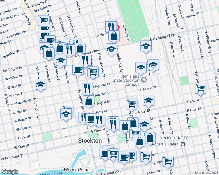 map of restaurants, bars, coffee shops, grocery stores, and more near 1027 North San Joaquin Street in Stockton