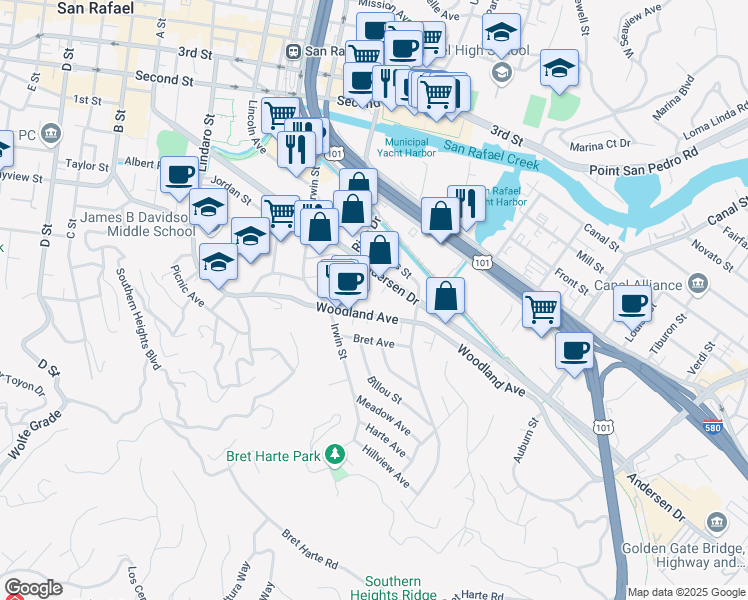 map of restaurants, bars, coffee shops, grocery stores, and more near 70 Woodland Avenue in San Rafael