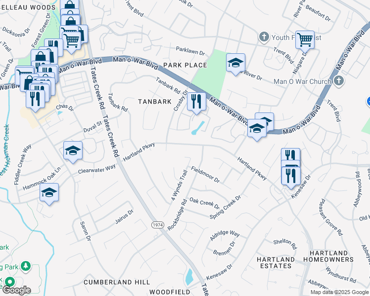 map of restaurants, bars, coffee shops, grocery stores, and more near 4493 Hartland Parkway in Lexington