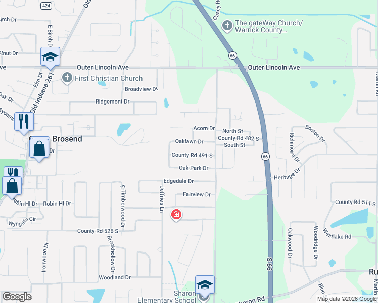 map of restaurants, bars, coffee shops, grocery stores, and more near 7322 County Road 491 South in Newburgh