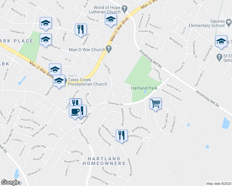 map of restaurants, bars, coffee shops, grocery stores, and more near 2217 Overland Court in Lexington