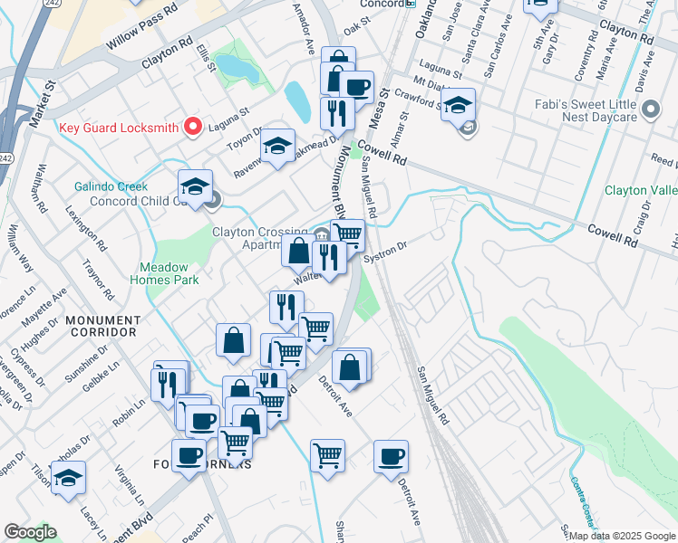 map of restaurants, bars, coffee shops, grocery stores, and more near 2699 Monument Boulevard in Concord