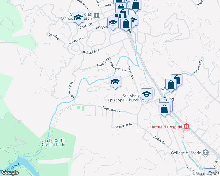 map of restaurants, bars, coffee shops, grocery stores, and more near 70 Ivy Drive in Ross