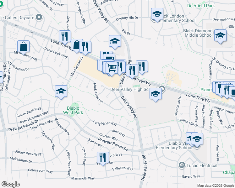 map of restaurants, bars, coffee shops, grocery stores, and more near 2440 Johns Way in Antioch