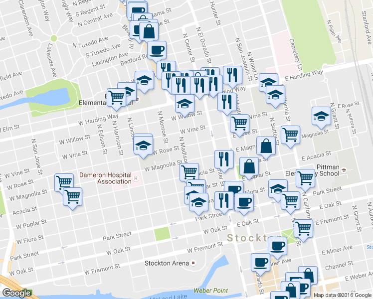 map of restaurants, bars, coffee shops, grocery stores, and more near 1123 North Commerce Street in Stockton