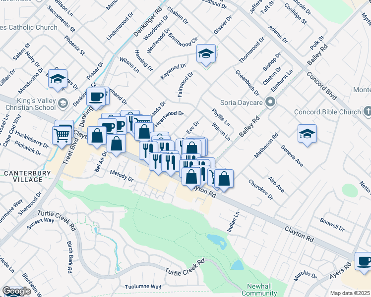 map of restaurants, bars, coffee shops, grocery stores, and more near 4655 East Rishell Court in Concord