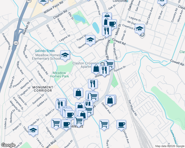 map of restaurants, bars, coffee shops, grocery stores, and more near 2525 Walters Way in Concord