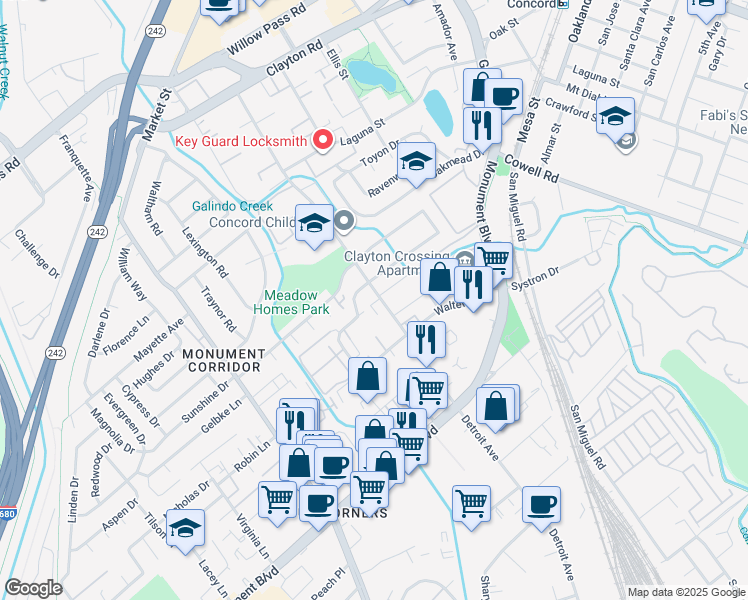 map of restaurants, bars, coffee shops, grocery stores, and more near 1273 Detroit Avenue in Concord