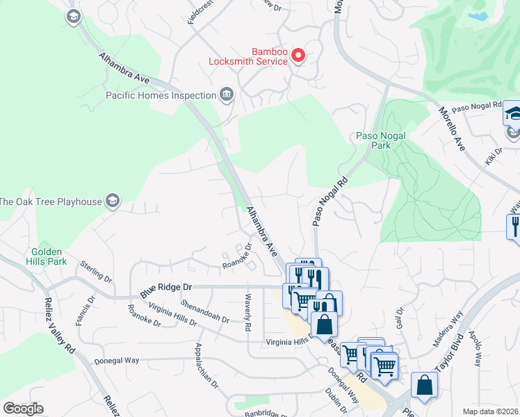 map of restaurants, bars, coffee shops, grocery stores, and more near 107 Judy Court in Martinez