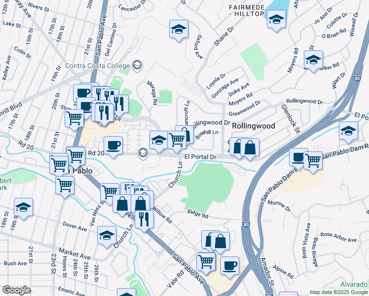map of restaurants, bars, coffee shops, grocery stores, and more near 2383 Greenwood Drive in San Pablo
