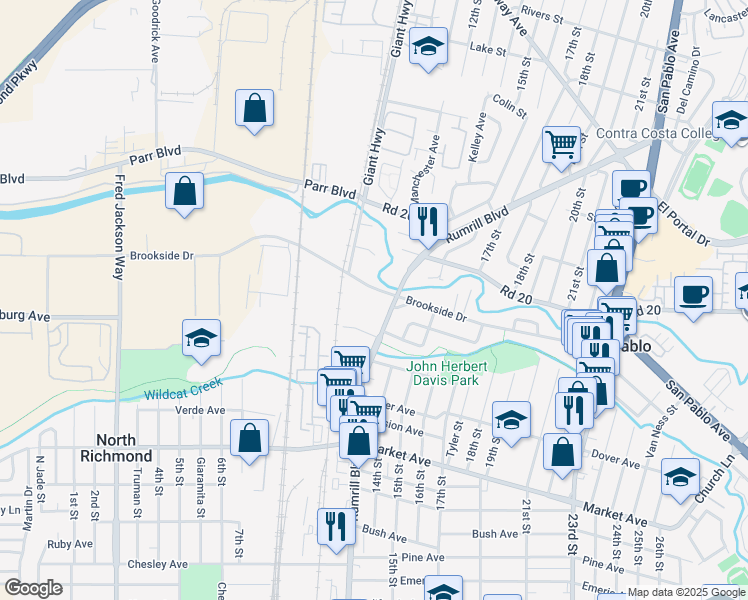 map of restaurants, bars, coffee shops, grocery stores, and more near 1150 Brookside Drive in San Pablo