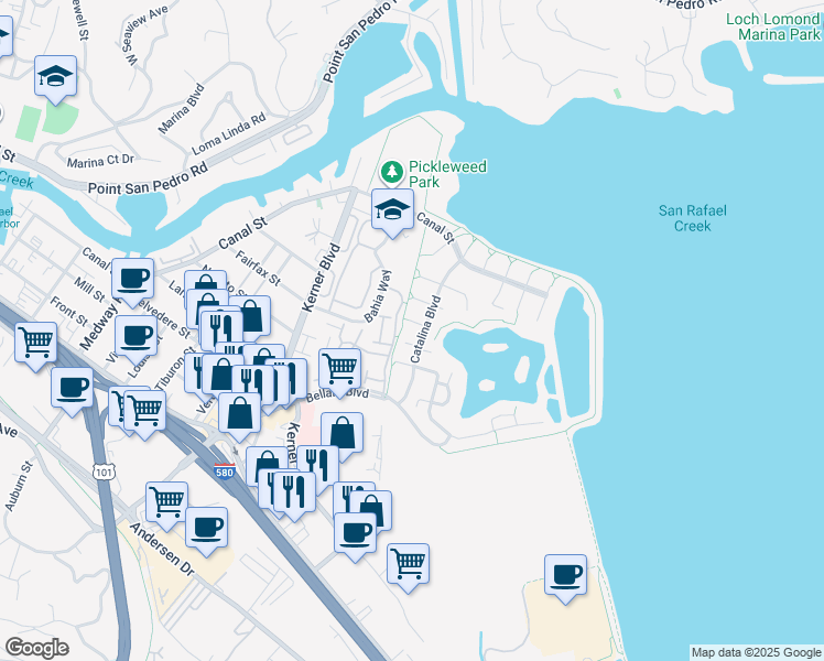 map of restaurants, bars, coffee shops, grocery stores, and more near 16 Tern Court in San Rafael