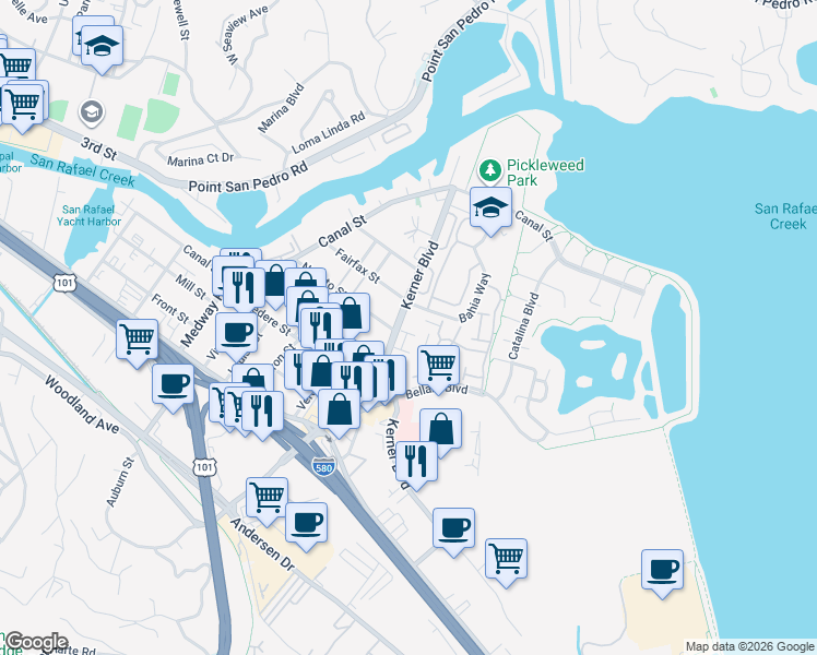 map of restaurants, bars, coffee shops, grocery stores, and more near 3421 Kerner Boulevard in San Rafael
